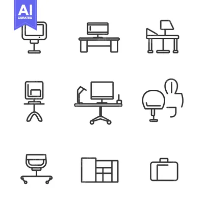 Set of Outline Icons Depicting Various Office Furniture and Equipment