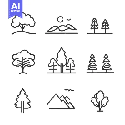 Premium design asset: Set of Outline Icons Depicting Various Trees, Mountains, and Hills