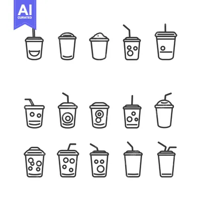 Set of Outline Icons of Disposable Paper Cups with Straws