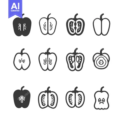 Set of Pepper Icons in Different Styles Including Whole, Half, and Cut