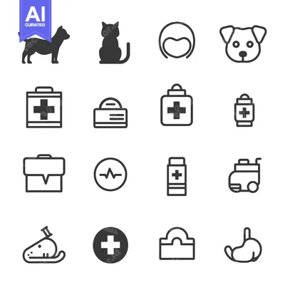 Set of pet care icons including dog, cat, veterinary and medical suppl