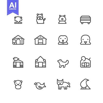 Aset desain premium: Set of Pet-Related Line Icons Including Animals, Houses, and Accessori