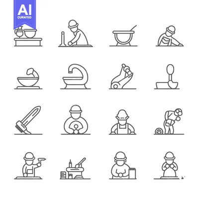 Set of Pottery Making Icons with Workers and Tools