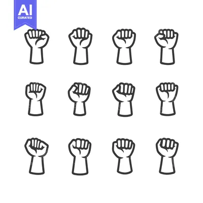 Set of Raised Fists in Black and White Outline Style