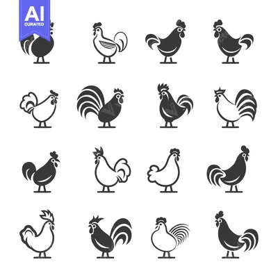 Set of Rooster and Chicken Icons in Black and White