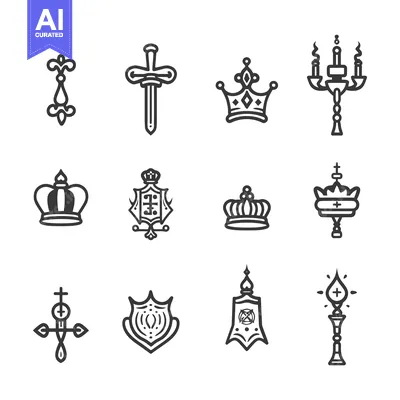 Set of Royal and Religious Black Line Icons