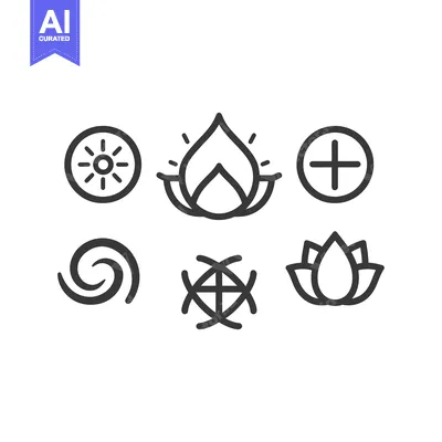 Set of Seven Simple Black and White Line Drawings Depicting Basic Elem