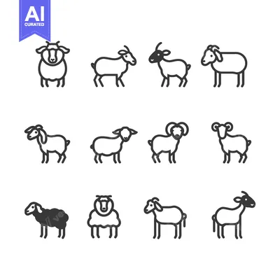 Set of Sheep and Goat Line Icons in Black and White
