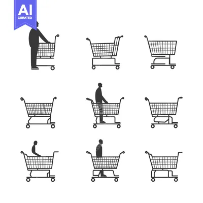 Aset premium populer: Set of silhouette icons depicting a person interacting with a shopping