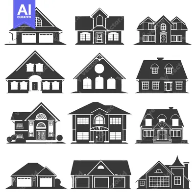 Aset desain premium: Set of Silhouette Icons of Different Houses with Garages and Windows