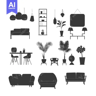 Set of Silhouette Icons of Home Furniture, Plants and Lighting