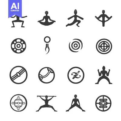 Set of Silhouette Icons Representing Various Yoga Poses and Symbols
