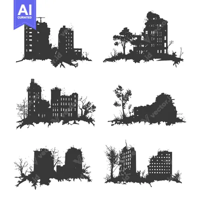 Aset premium populer: Set of Silhouette Illustrations of Abandoned and Ruined Buildings