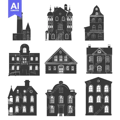 Aset desain premium: Set of Silhouette Illustrations of Various Buildings