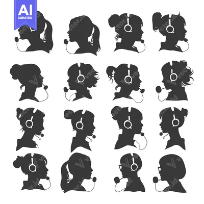 Aset premium populer: Set of Silhouettes of Female Operators Wearing Headsets