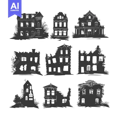 Aset premium populer: Set of Silhouettes of Old and Abandoned Houses