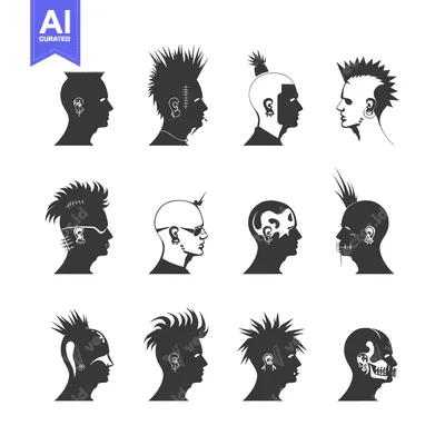 Set of Silhouettes of Punk Rockers with Mohawks and Piercings
