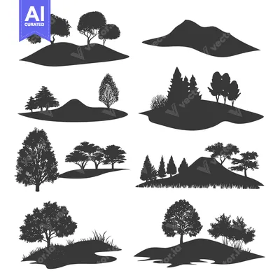 Aset desain premium: Set of Silhouettes of Trees and Hills with White Background
