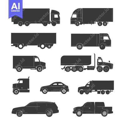 Set of Silhouettes of Various Types of Trucks, Cars, and Pickup Trucks
