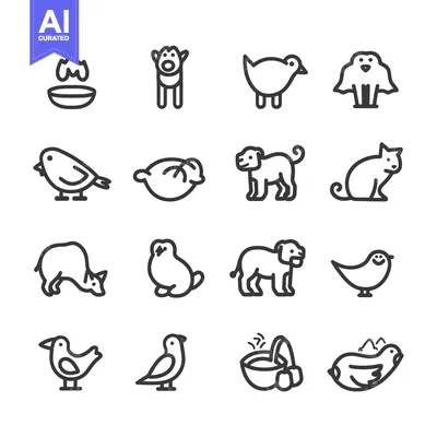 Set of Simple Line Drawings of Animals and Birds