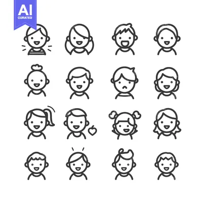 Aset desain premium: Set of Simple Line Drawings of Children's Faces