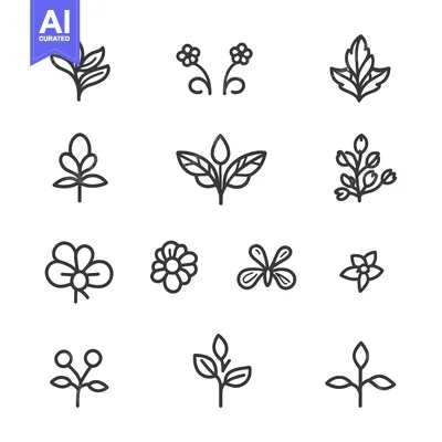 Aset desain premium: Set of Simple Line Flower and Leaf Icons