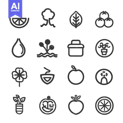 Set of Simple Line Icons Depicting Plants and Fruits