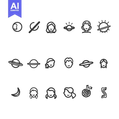 Aset premium populer: Set of Simple Line Icons Featuring Faces, Planets, and Other Celestial