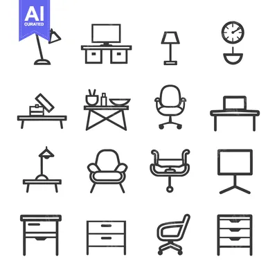 Set of Simple Office Furniture and Accessories Icons