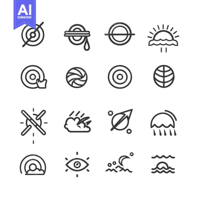 Aset desain premium: Set of Simple Outline Icons of Sun, Moon, Clouds, Earth, Target, and R