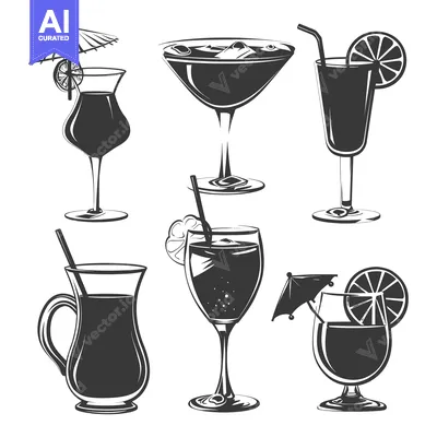 Set of Six Black and White Cocktail Glass Illustrations