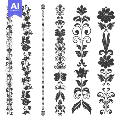 Set of six black and white floral design elements
