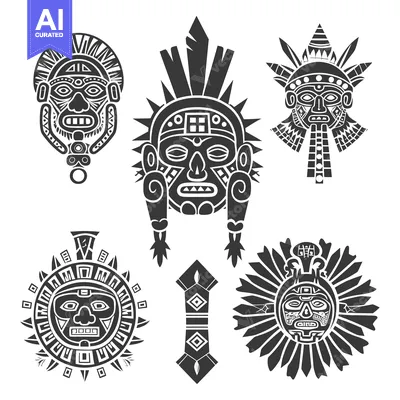 Set of Six Black and White Stylized Tribal Masks