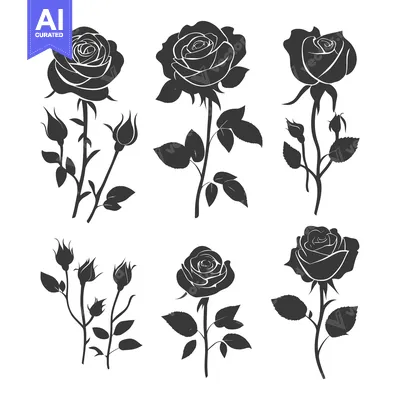 Set of Six Black Silhouettes of Roses with Buds and Leaves