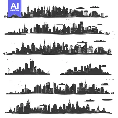 Set of six different cityscapes with silhouettes of skyscrapers and bu