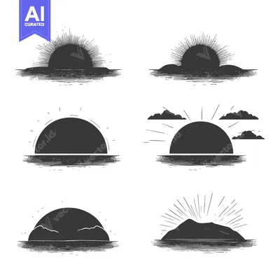 Aset premium populer: Set of six hand-drawn sunset illustrations with sun, horizon, and sky