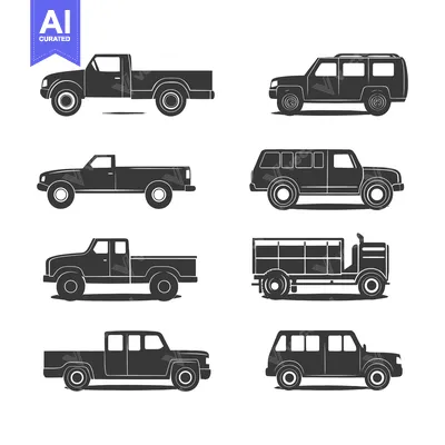 Set of six silhouette illustrations of different types of trucks and c