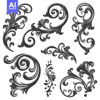 Popular premium asset: Set of six stylized floral motifs with swirls and leaves in a vintage