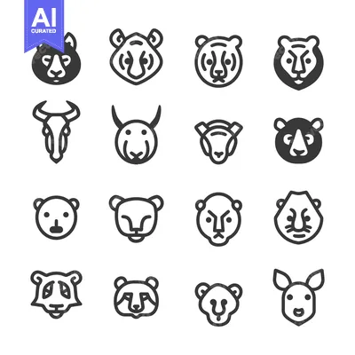 Premium design asset: Set of Sixteen Animal Head Icons in Black and White