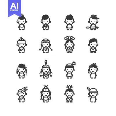 Set of Sixteen Black and White Cartoon Children with Various Hairstyle