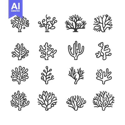 Set of Sixteen Black and White Coral Reef Outlines