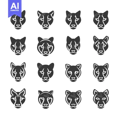 Set of Sixteen Black and White Cougar Head Icons