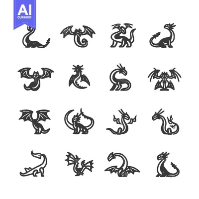Set of Sixteen Black and White Dragon Illustrations