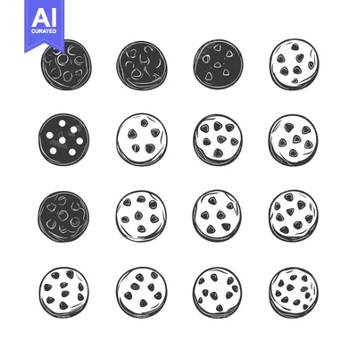 Aset premium populer: Set of sixteen black and white hand-drawn cookies with chocolate chips