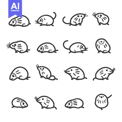 Aset desain premium: Set of Sixteen Black and White Line Drawings of Mice