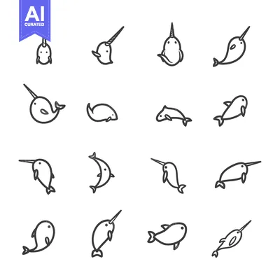 Aset desain premium: Set of sixteen black and white line drawings of narwhals in different