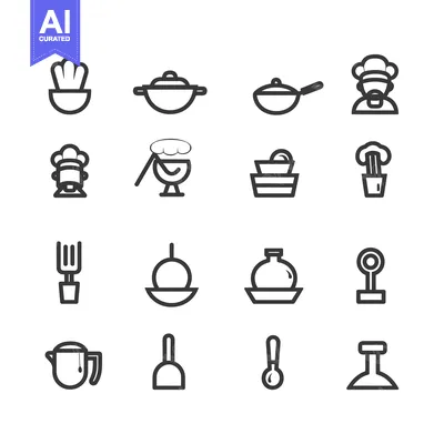 Set of Sixteen Black and White Line Icons for Kitchen Utensils and Too