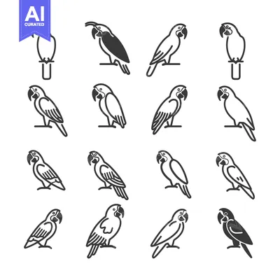 Aset desain premium: Set of Sixteen Black and White Parrot Illustrations