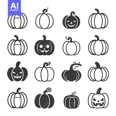 Set of Sixteen Black and White Pumpkin Icons