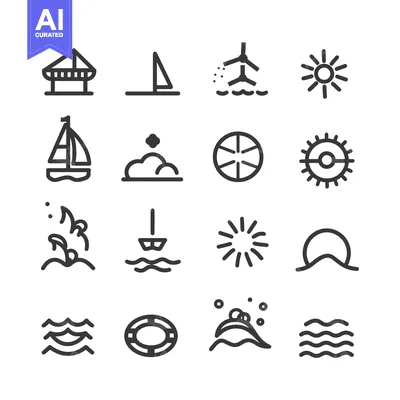 Set of sixteen black and white summer and beach icons